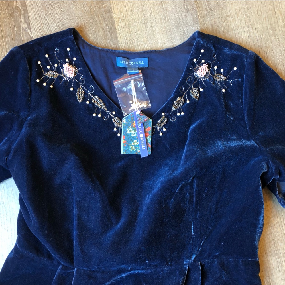 April Cornell velvet winter dress beaded midnight sapphire blue womens Medium